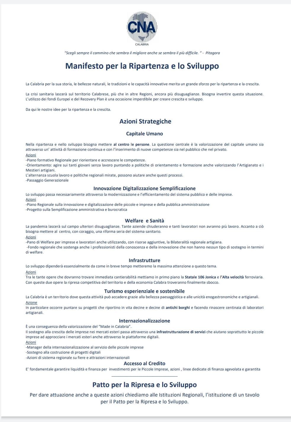 MANIFESTO CNA : 7 linee strategiche e 14 progetti operativi